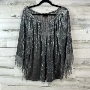 Vintage Melissa Silver Gray Velvet Bohemian Hippie Tunic Top Lace Blouse Large